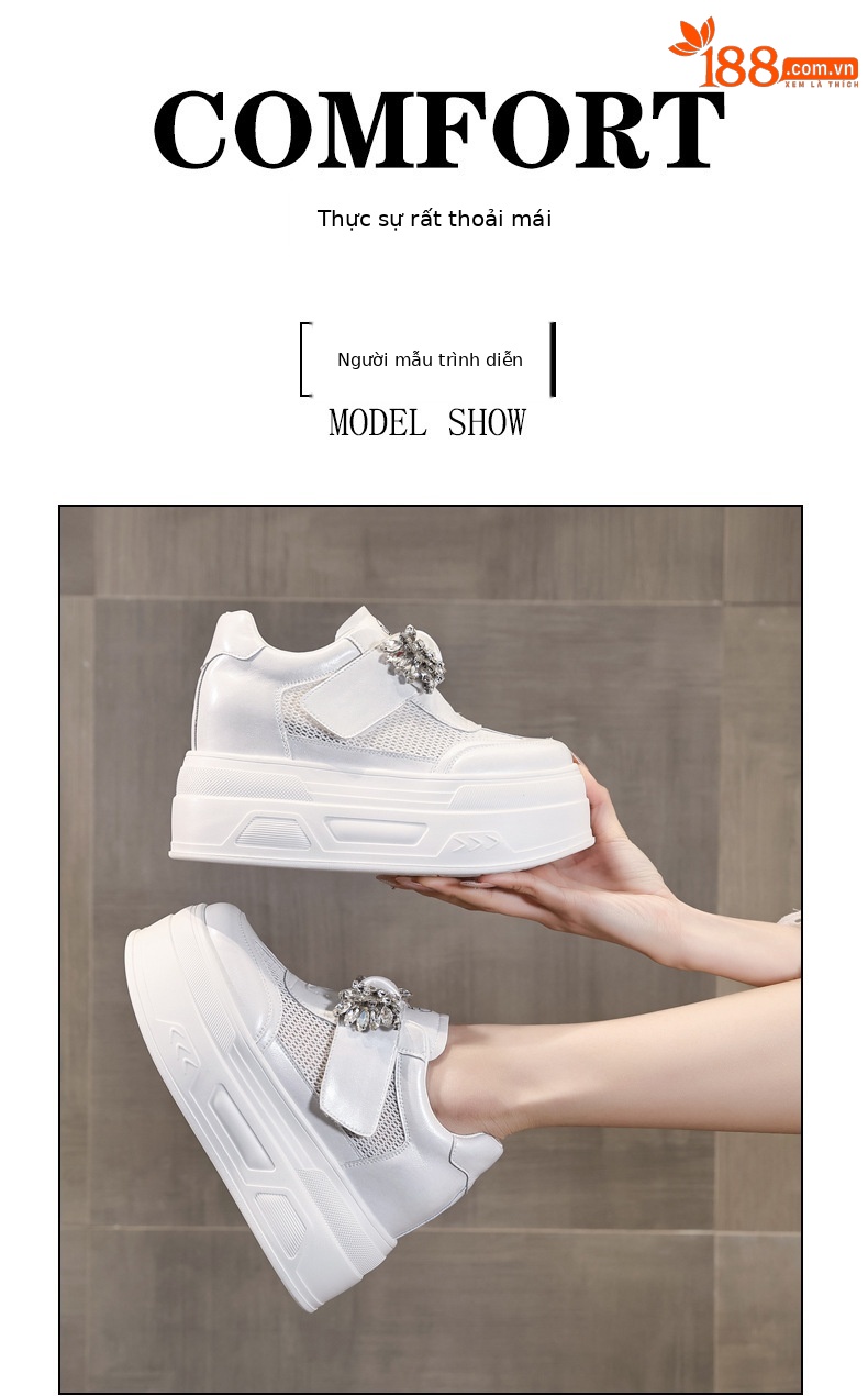 Giày sneaker nữ đế dày tăng chiều cao, mặt lưới thoáng khí, đính đá rhinestone — màu trắng chi tiết 11
