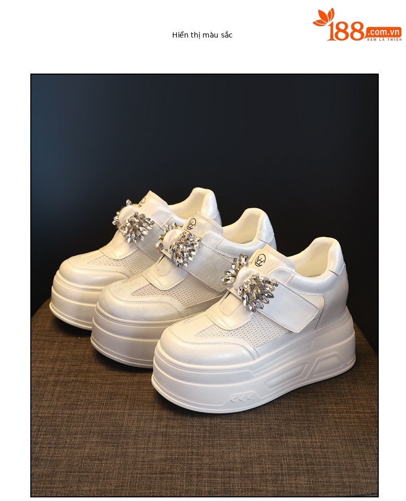 Giày sneaker nữ đế dày tăng chiều cao, mặt lưới thoáng khí, đính đá rhinestone — màu trắng chi tiết 18