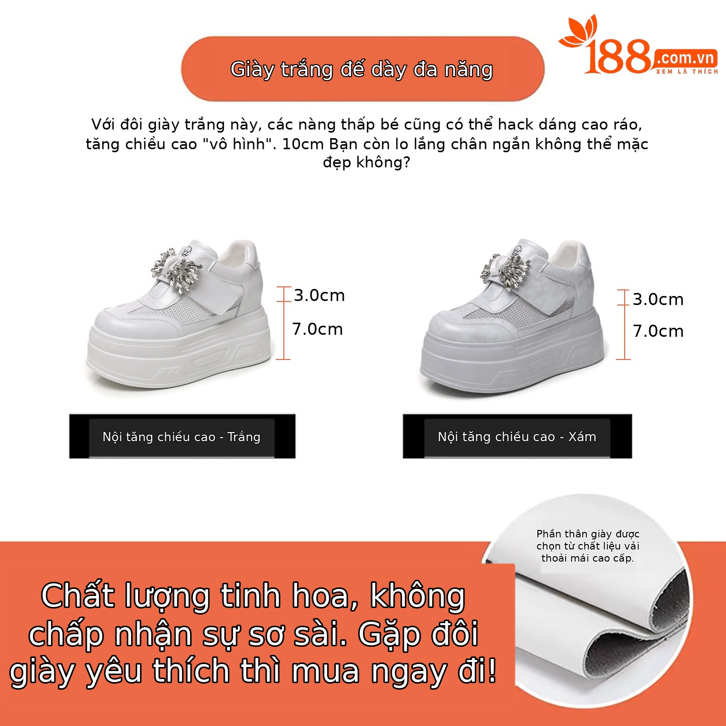 Giày sneaker nữ đế dày tăng chiều cao, mặt lưới thoáng khí, đính đá rhinestone — màu trắng