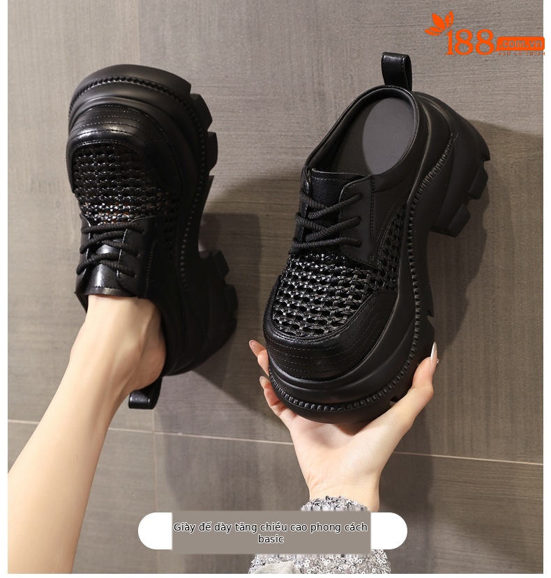 Giày sneaker nữ đế dày tăng chiều cao, mũi trùm hở thoáng khí, form chunky — màu đen, màu trắng ngà chi tiết 1