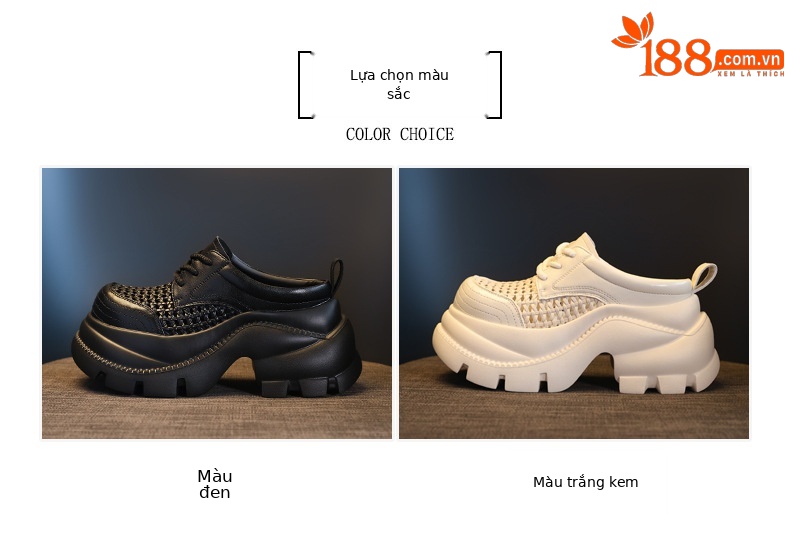 Giày sneaker nữ đế dày tăng chiều cao, mũi trùm hở thoáng khí, form chunky — màu đen, màu trắng ngà chi tiết 2