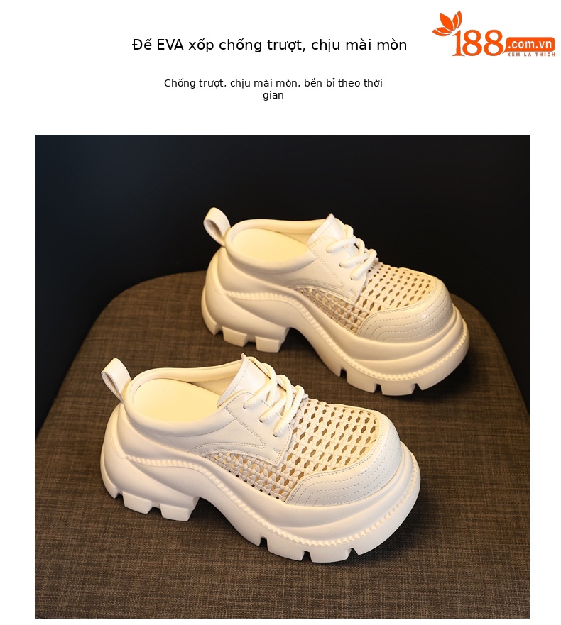 Giày sneaker nữ đế dày tăng chiều cao, mũi trùm hở thoáng khí, form chunky — màu đen, màu trắng ngà chi tiết 10
