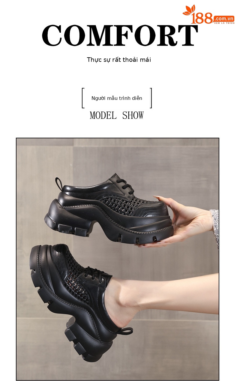 Giày sneaker nữ đế dày tăng chiều cao, mũi trùm hở thoáng khí, form chunky — màu đen, màu trắng ngà chi tiết 11