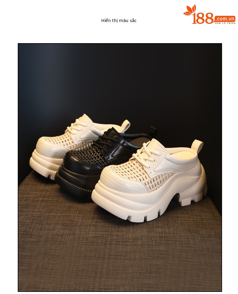 Giày sneaker nữ đế dày tăng chiều cao, mũi trùm hở thoáng khí, form chunky — màu đen, màu trắng ngà chi tiết 18