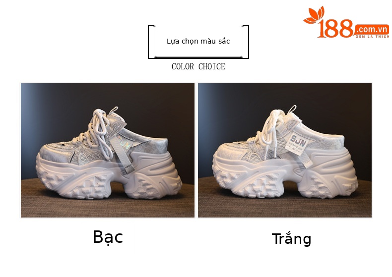 Giày sneaker nữ đế dày chunky thiết kế mũi trùm họa tiết thiên nga đen — màu trắng, bạc chi tiết 2