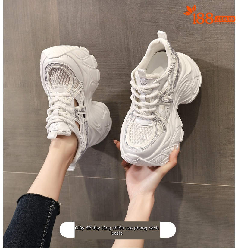 Giày sneaker nữ đế dày tăng chiều cao, mặt lưới đính đá lấp lánh — màu trắng chi tiết 1