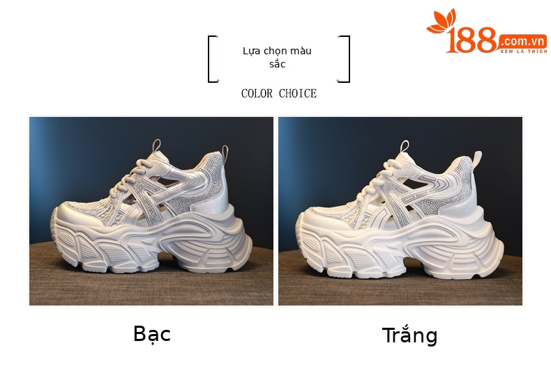 Giày sneaker nữ đế dày tăng chiều cao, mặt lưới đính đá lấp lánh — màu trắng chi tiết 2