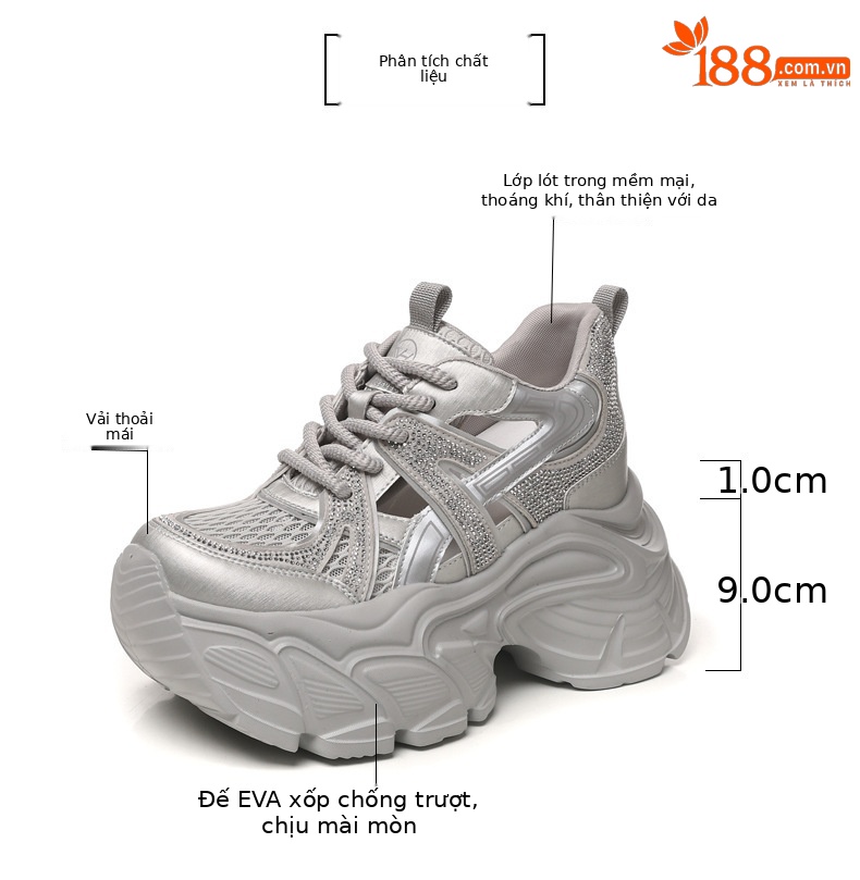 Giày sneaker nữ đế dày tăng chiều cao, mặt lưới đính đá lấp lánh — màu trắng chi tiết 3