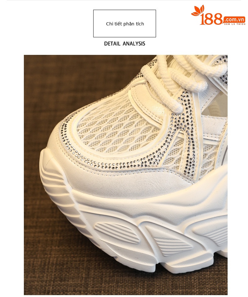 Giày sneaker nữ đế dày tăng chiều cao, mặt lưới đính đá lấp lánh — màu trắng chi tiết 7