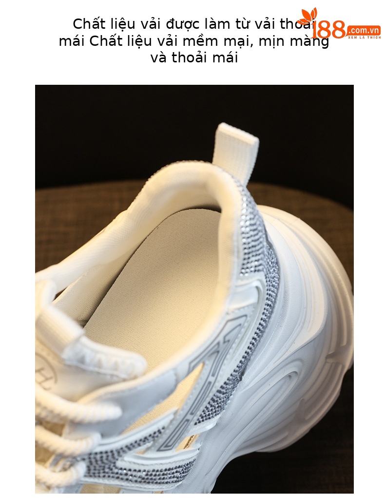 Giày sneaker nữ đế dày tăng chiều cao, mặt lưới đính đá lấp lánh — màu trắng chi tiết 8