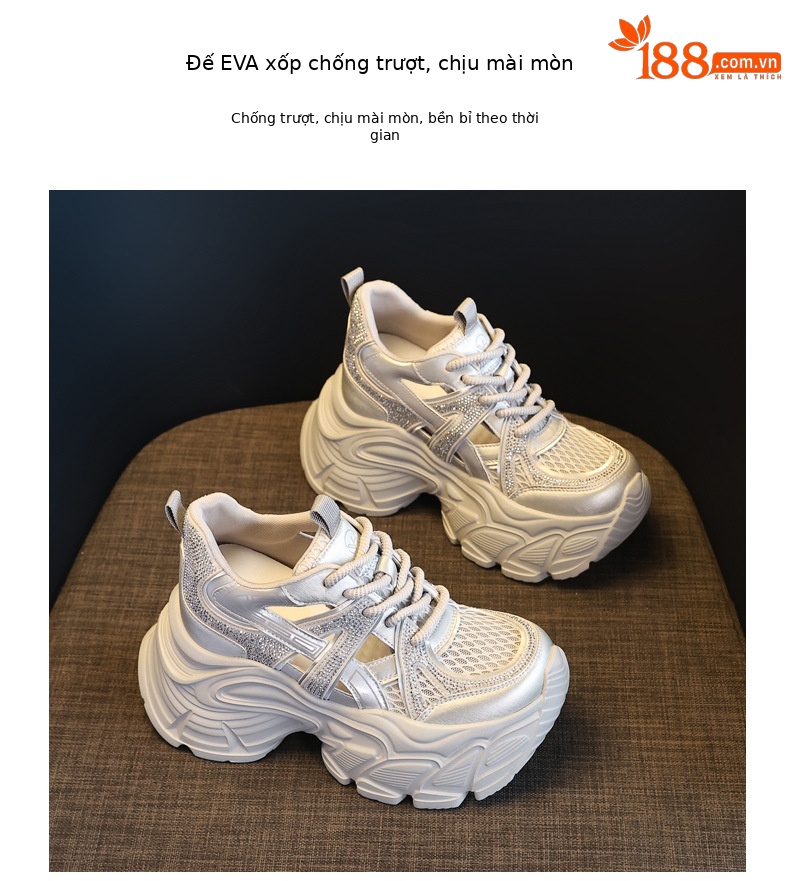 Giày sneaker nữ đế dày tăng chiều cao, mặt lưới đính đá lấp lánh — màu trắng chi tiết 10