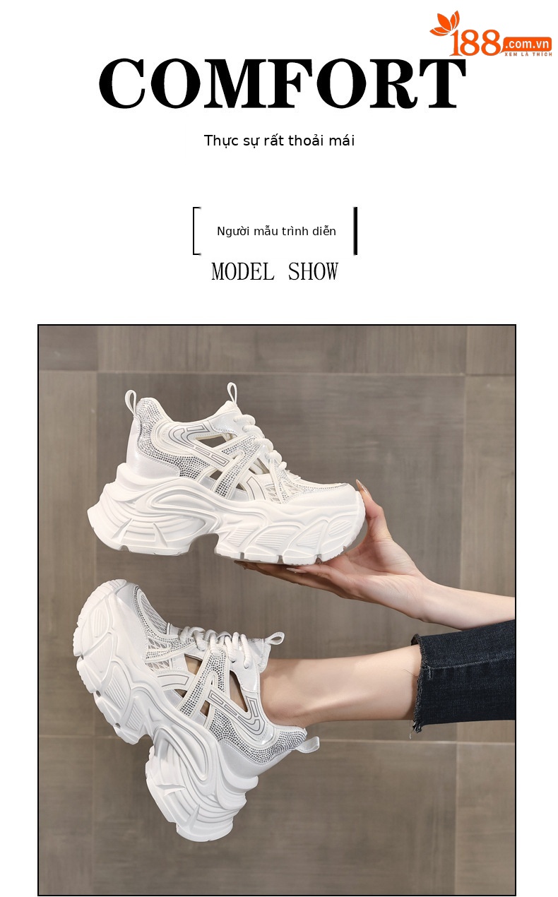 Giày sneaker nữ đế dày tăng chiều cao, mặt lưới đính đá lấp lánh — màu trắng chi tiết 11