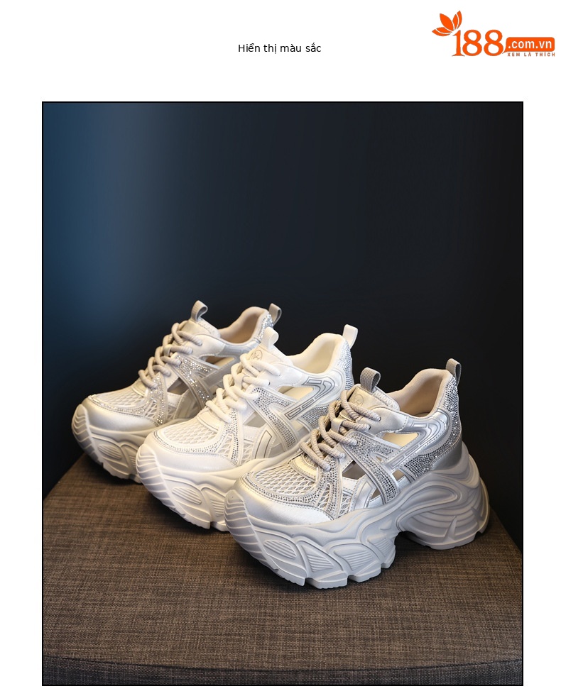 Giày sneaker nữ đế dày tăng chiều cao, mặt lưới đính đá lấp lánh — màu trắng chi tiết 18
