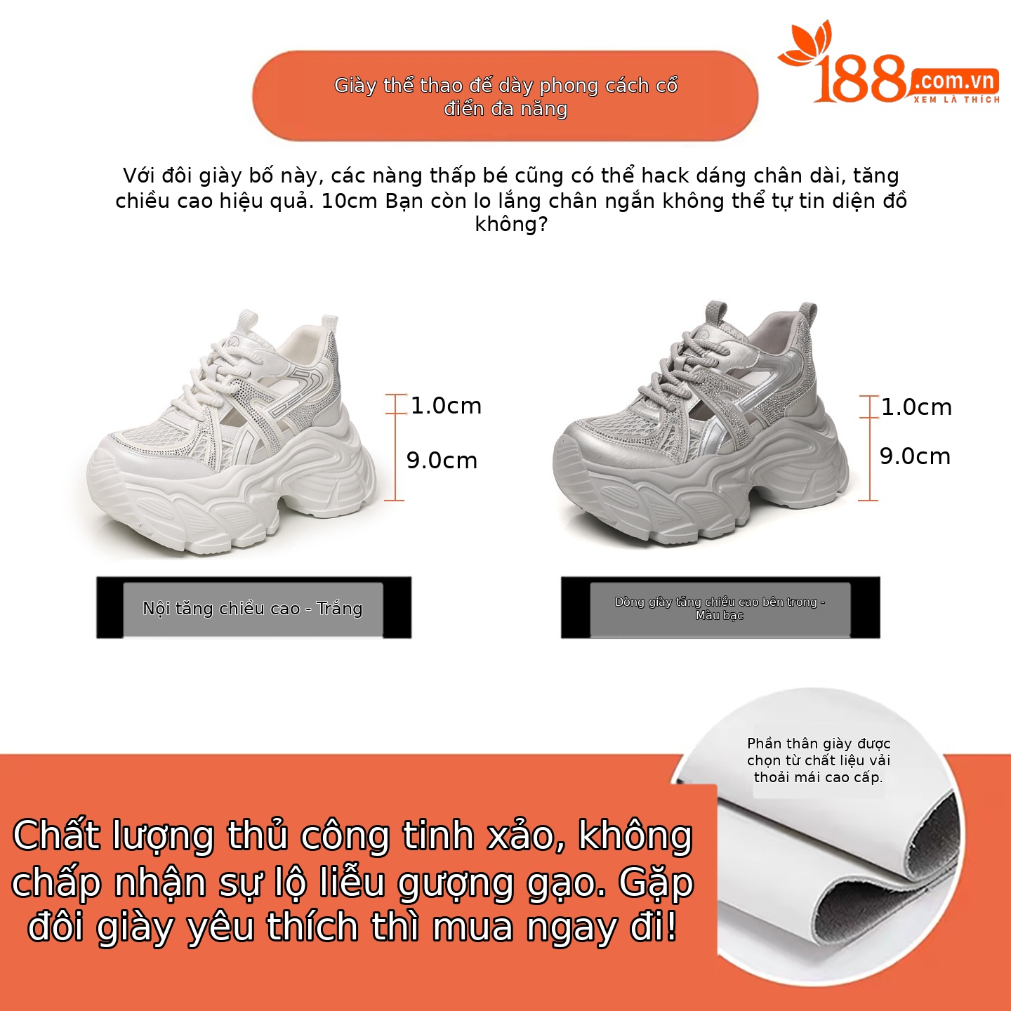 Giày sneaker nữ đế dày tăng chiều cao, mặt lưới đính đá lấp lánh — màu trắng