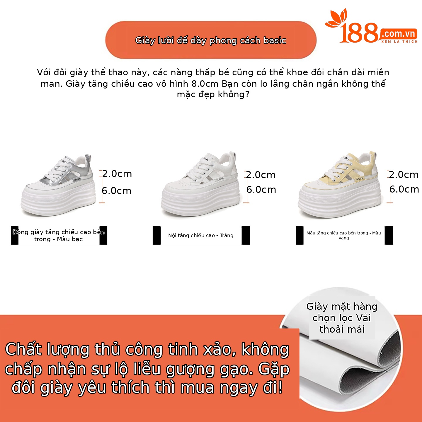 Giày sneaker nữ đế dày tăng chiều cao, phong cách thể thao — màu trắng
