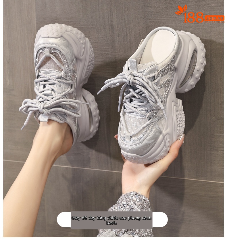 Dép quai chữ V nữ đế bánh xốp cao 5cm đính đá rhinestone — màu trắng, bạc chi tiết 1