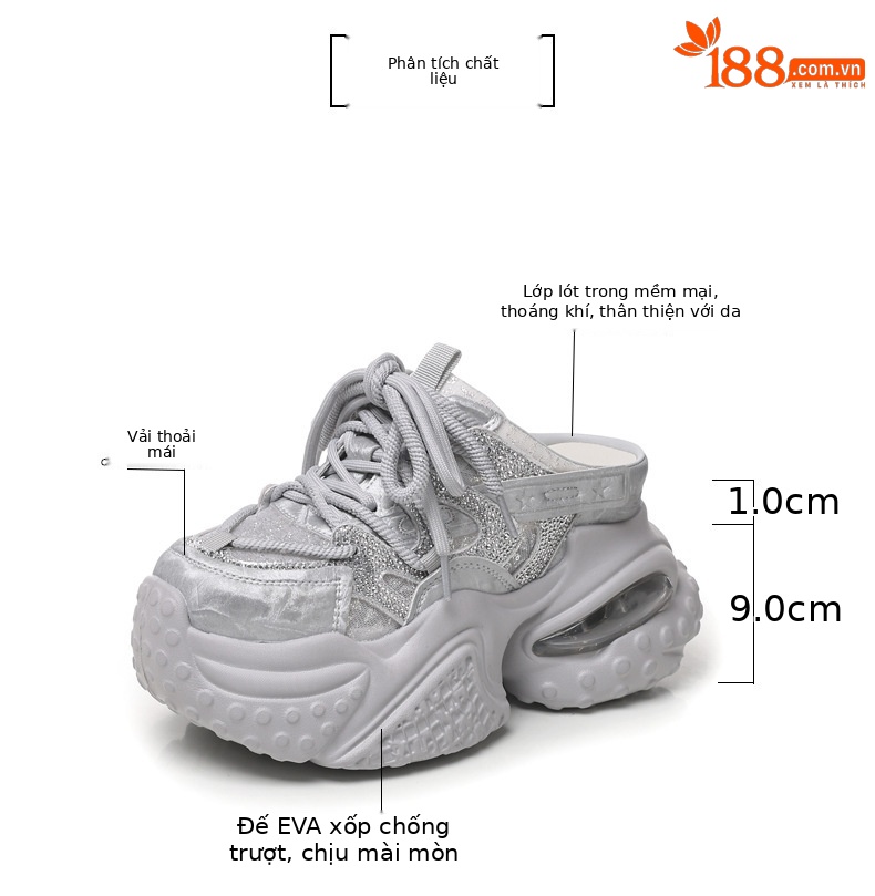 Dép quai chữ V nữ đế bánh xốp cao 5cm đính đá rhinestone — màu trắng, bạc chi tiết 3