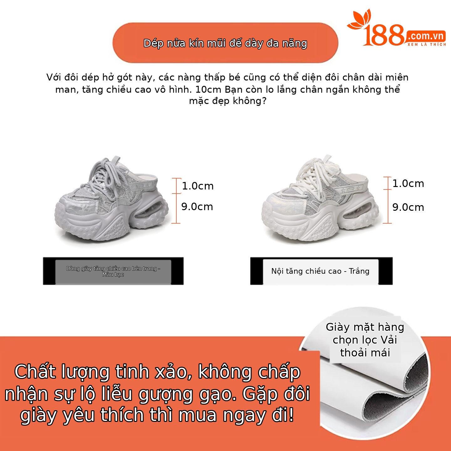 Dép quai chữ V nữ đế bánh xốp cao 5cm đính đá rhinestone — màu trắng, bạc
