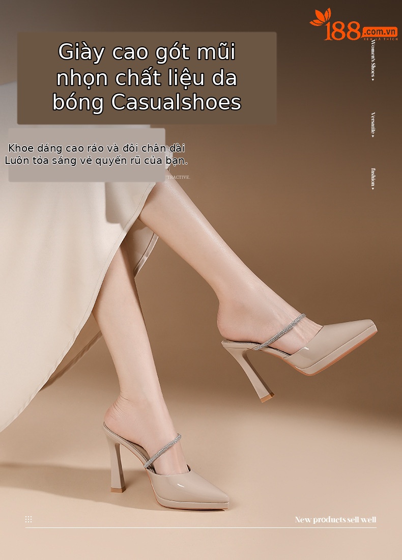 Sandal cao gót nữ mũi nhọn đế platform gót 10 cm quai ngang đính đá — Màu da-10cm chi tiết 1