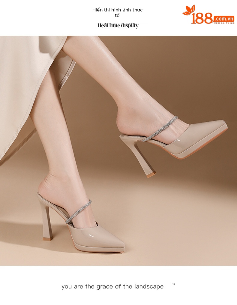 Sandal cao gót nữ mũi nhọn đế platform gót 10 cm quai ngang đính đá — Màu da-10cm chi tiết 5