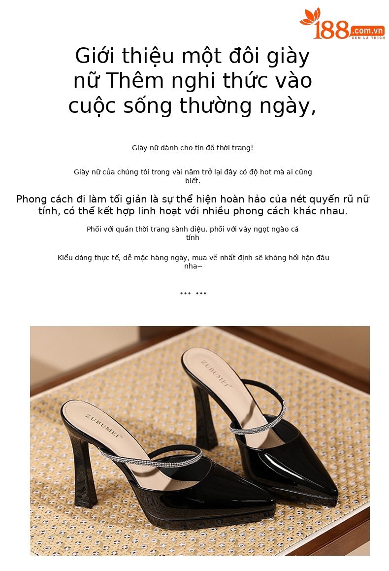 Sandal cao gót nữ mũi nhọn đế platform gót 10 cm quai ngang đính đá — Màu da-10cm chi tiết 2