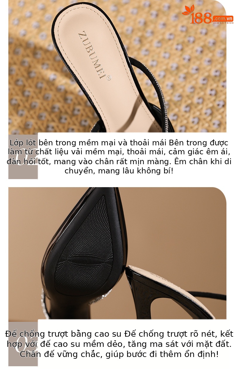 Sandal cao gót nữ mũi nhọn đế platform gót 10 cm quai ngang đính đá — Màu da-10cm chi tiết 4