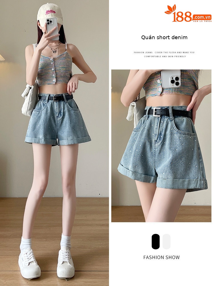 Quần short jean nữ lưng cao, ống rộng, viền chữ A, kiểu mới mùa hè — Xám đen với thắt lưng