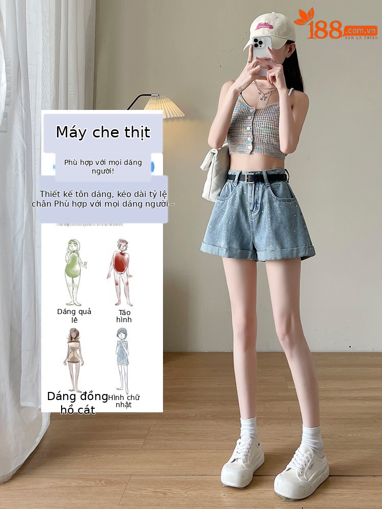 Quần short jean nữ lưng cao, ống rộng, viền chữ A, kiểu mới mùa hè — Xám đen với thắt lưng