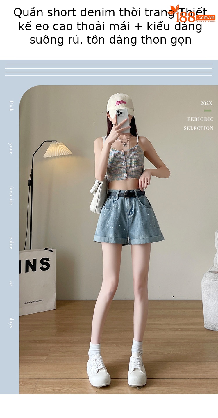 Quần short jean nữ lưng cao, ống rộng, viền chữ A, kiểu mới mùa hè — Xám đen với thắt lưng chi tiết 1