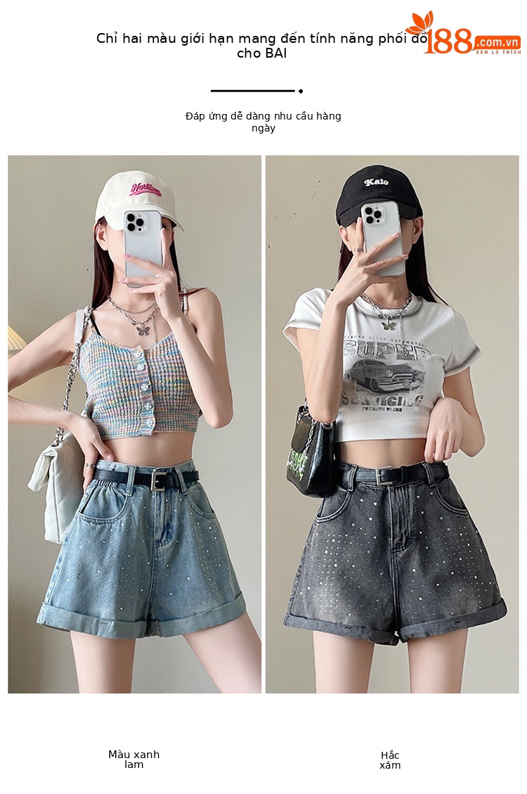 Quần short jean nữ lưng cao, ống rộng, viền chữ A, kiểu mới mùa hè — Xám đen với thắt lưng chi tiết 4