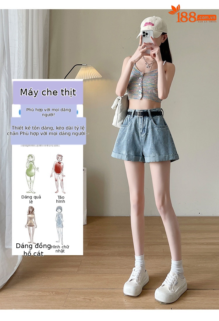 Quần short jean nữ lưng cao, ống rộng, viền chữ A, kiểu mới mùa hè — Xám đen với thắt lưng chi tiết 6