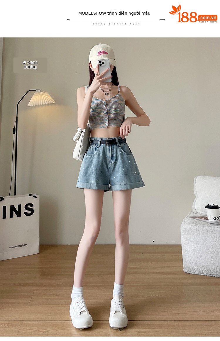 Quần short jean nữ lưng cao, ống rộng, viền chữ A, kiểu mới mùa hè — Xám đen với thắt lưng chi tiết 16