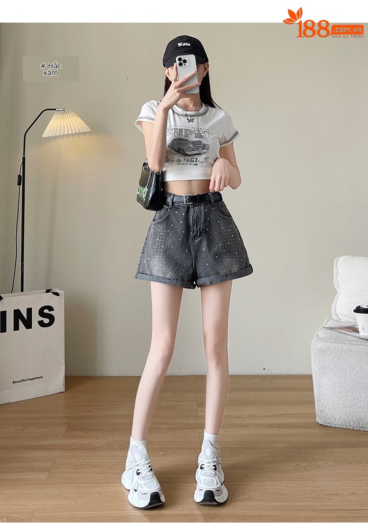 Quần short jean nữ lưng cao, ống rộng, viền chữ A, kiểu mới mùa hè — Xám đen với thắt lưng chi tiết 21