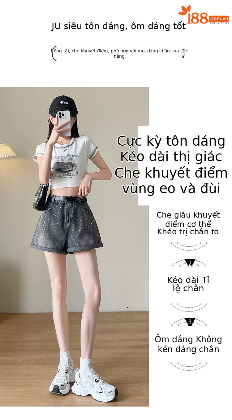 Quần short jean nữ lưng cao, ống rộng, viền chữ A, kiểu mới mùa hè — Xám đen với thắt lưng chi tiết 7