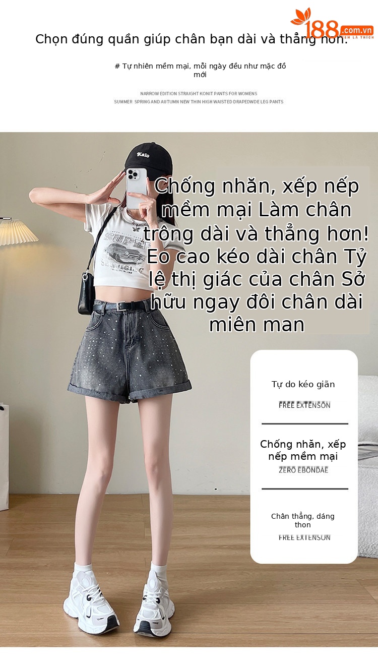 Quần short jean nữ lưng cao, ống rộng, viền chữ A, kiểu mới mùa hè — Xám đen với thắt lưng chi tiết 11