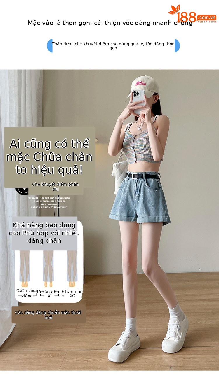 Quần short jean nữ lưng cao, ống rộng, viền chữ A, kiểu mới mùa hè — Xám đen với thắt lưng chi tiết 12
