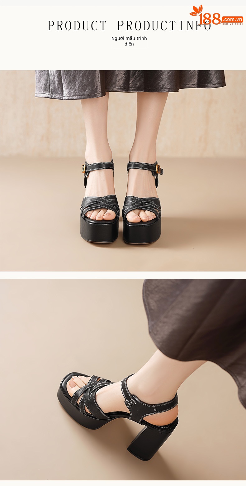 Sandal cao gót nữ mũi hở đế xuồng gót vuông 9 cm – da bò thật — Da bò trắng kem, Da bò đen nhám, Da bò đen chi tiết 2