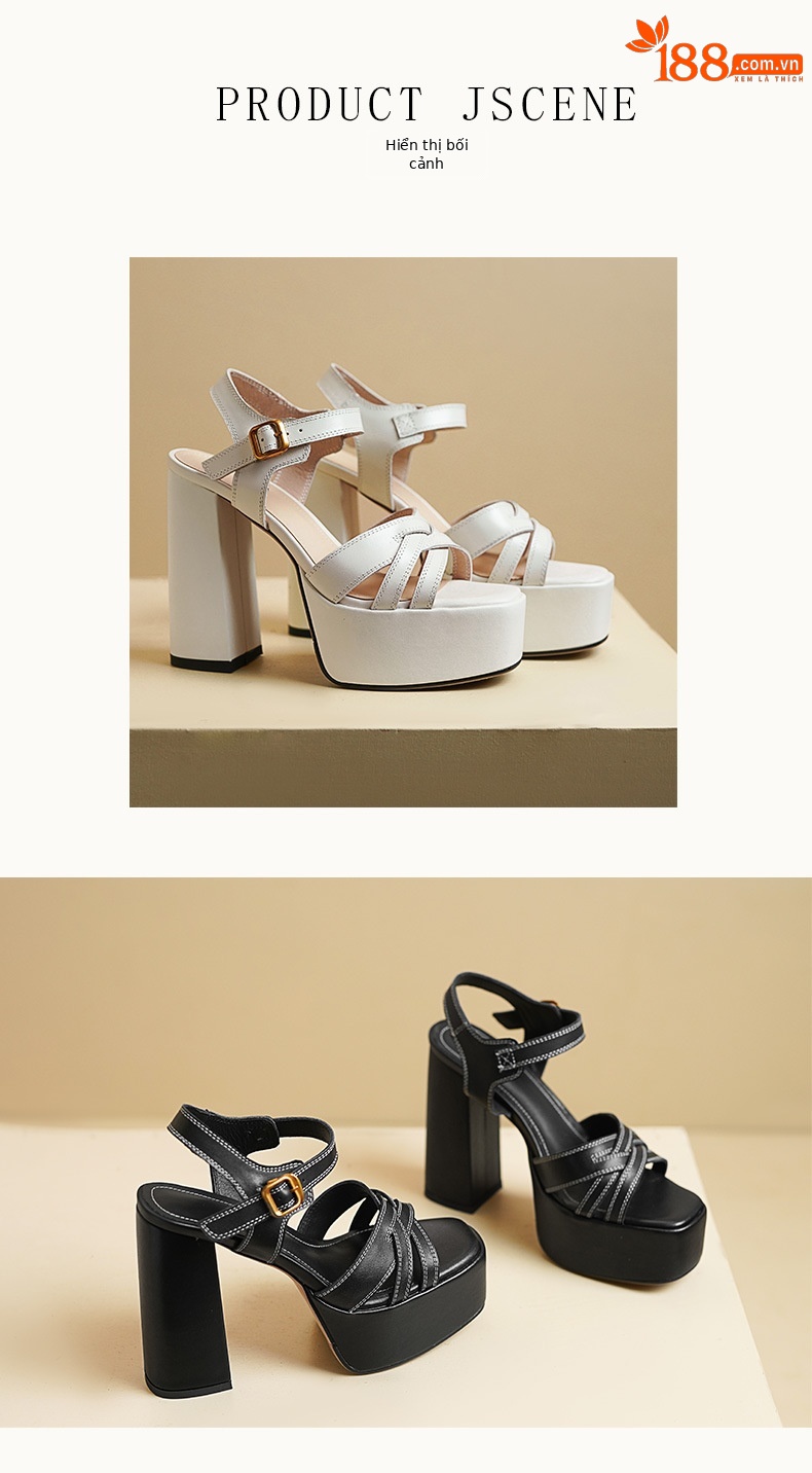 Sandal cao gót nữ mũi hở đế xuồng gót vuông 9 cm – da bò thật — Da bò trắng kem, Da bò đen nhám, Da bò đen chi tiết 5