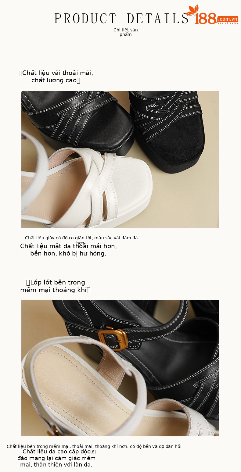 Sandal cao gót nữ mũi hở đế xuồng gót vuông 9 cm – da bò thật — Da bò trắng kem, Da bò đen nhám, Da bò đen chi tiết 7