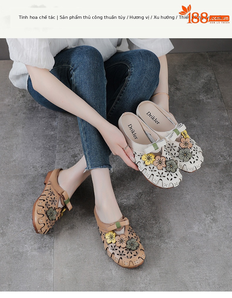 Dép sandal nữ bít mũi da bò thật hoa khắc lỗ, đế mềm, phong cách cổ điển — màu trắng ngà chi tiết 1