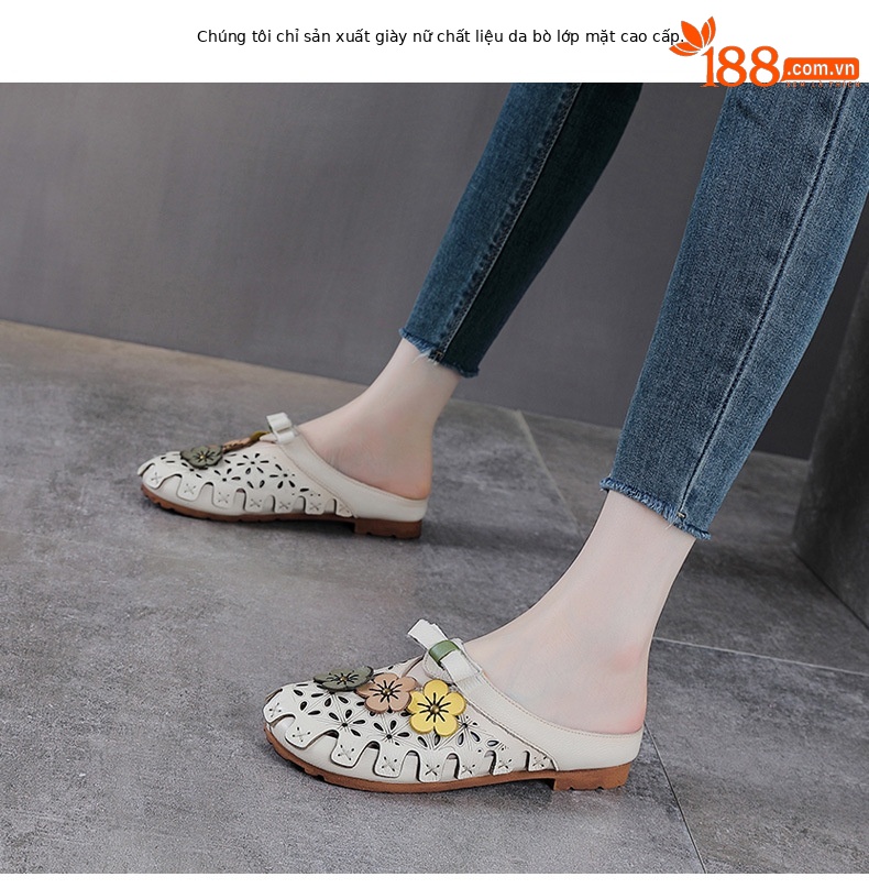 Dép sandal nữ bít mũi da bò thật hoa khắc lỗ, đế mềm, phong cách cổ điển — màu trắng ngà chi tiết 2