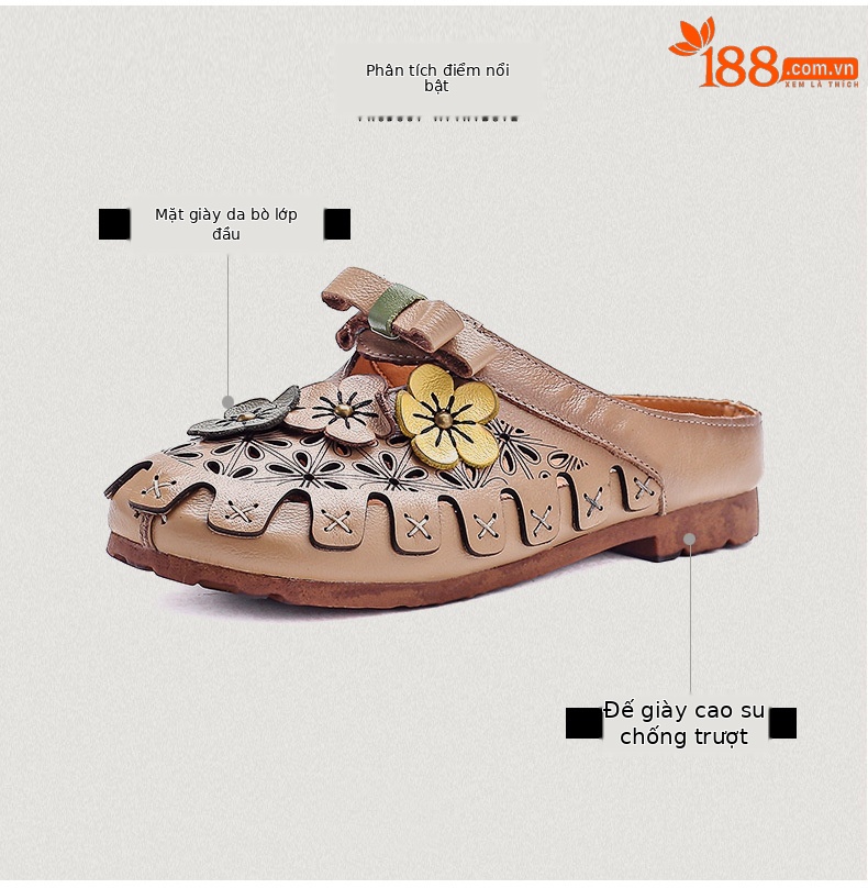 Dép sandal nữ bít mũi da bò thật hoa khắc lỗ, đế mềm, phong cách cổ điển — màu trắng ngà chi tiết 3