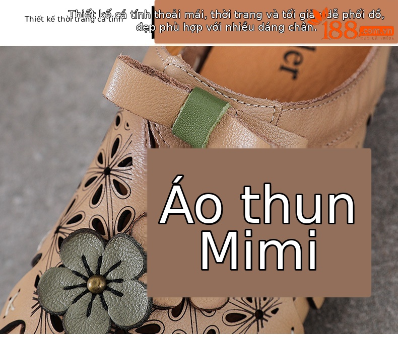 Dép sandal nữ bít mũi da bò thật hoa khắc lỗ, đế mềm, phong cách cổ điển — màu trắng ngà chi tiết 5