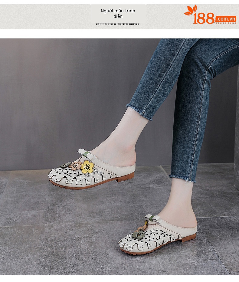 Dép sandal nữ bít mũi da bò thật hoa khắc lỗ, đế mềm, phong cách cổ điển — màu trắng ngà chi tiết 9