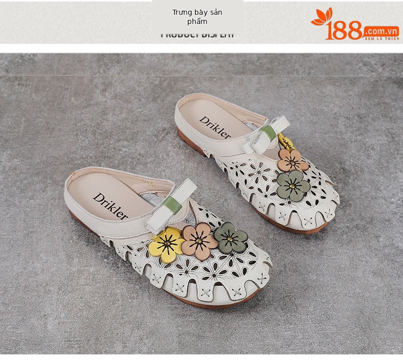 Dép sandal nữ bít mũi da bò thật hoa khắc lỗ, đế mềm, phong cách cổ điển — màu trắng ngà chi tiết 10