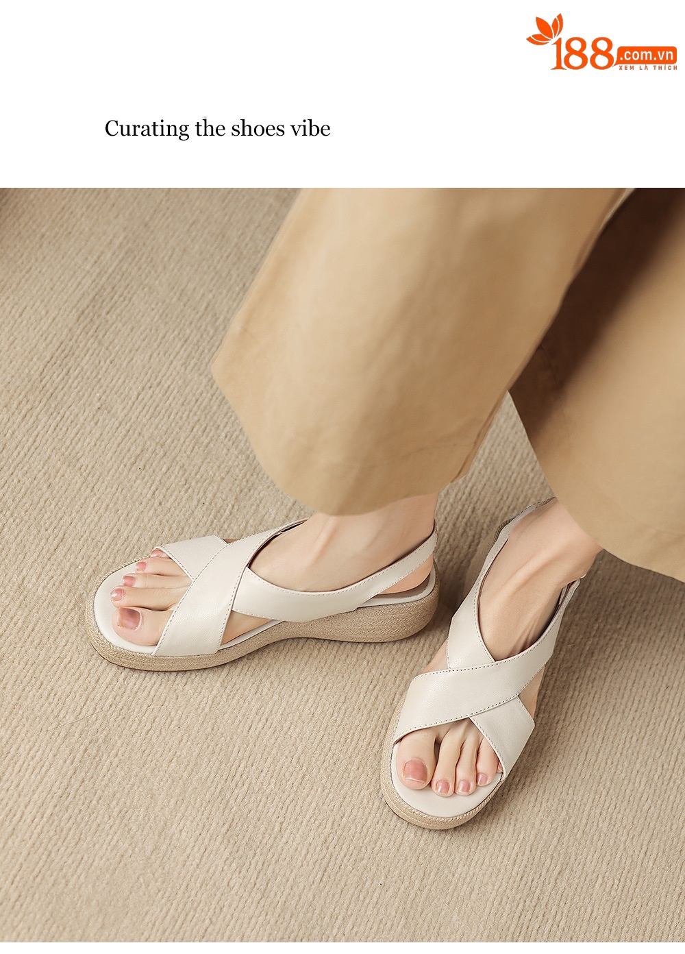 Sandal nữ quai chữ V đế dày mũi tròn hở ngón chân — màu trắng ngà chi tiết 6