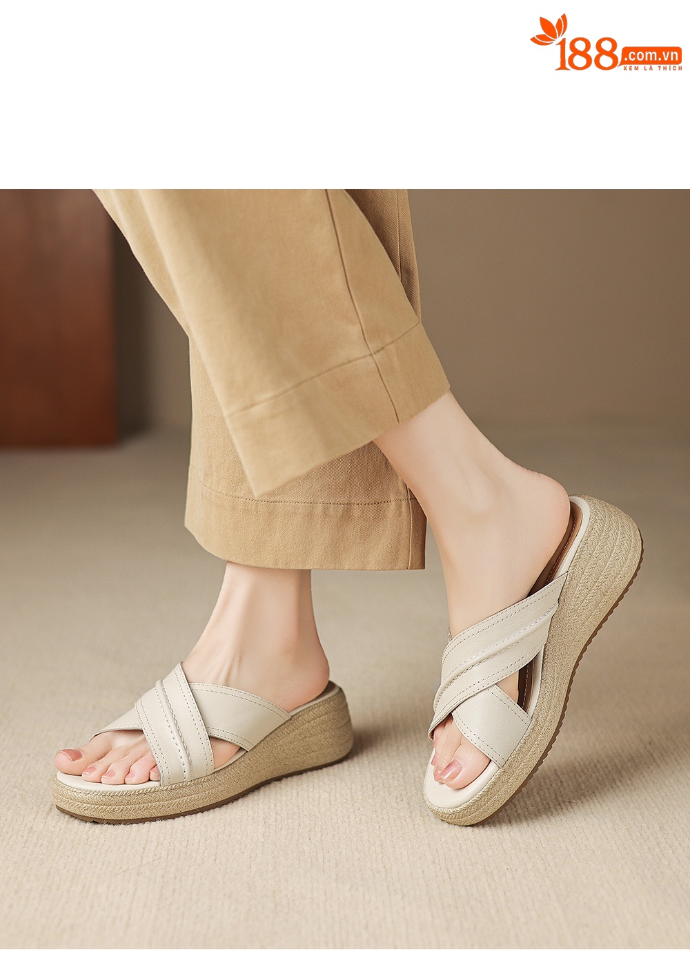 Dép sandal nữ quai chéo hở ngón đế dày da cừu — màu trắng ngà chi tiết 6