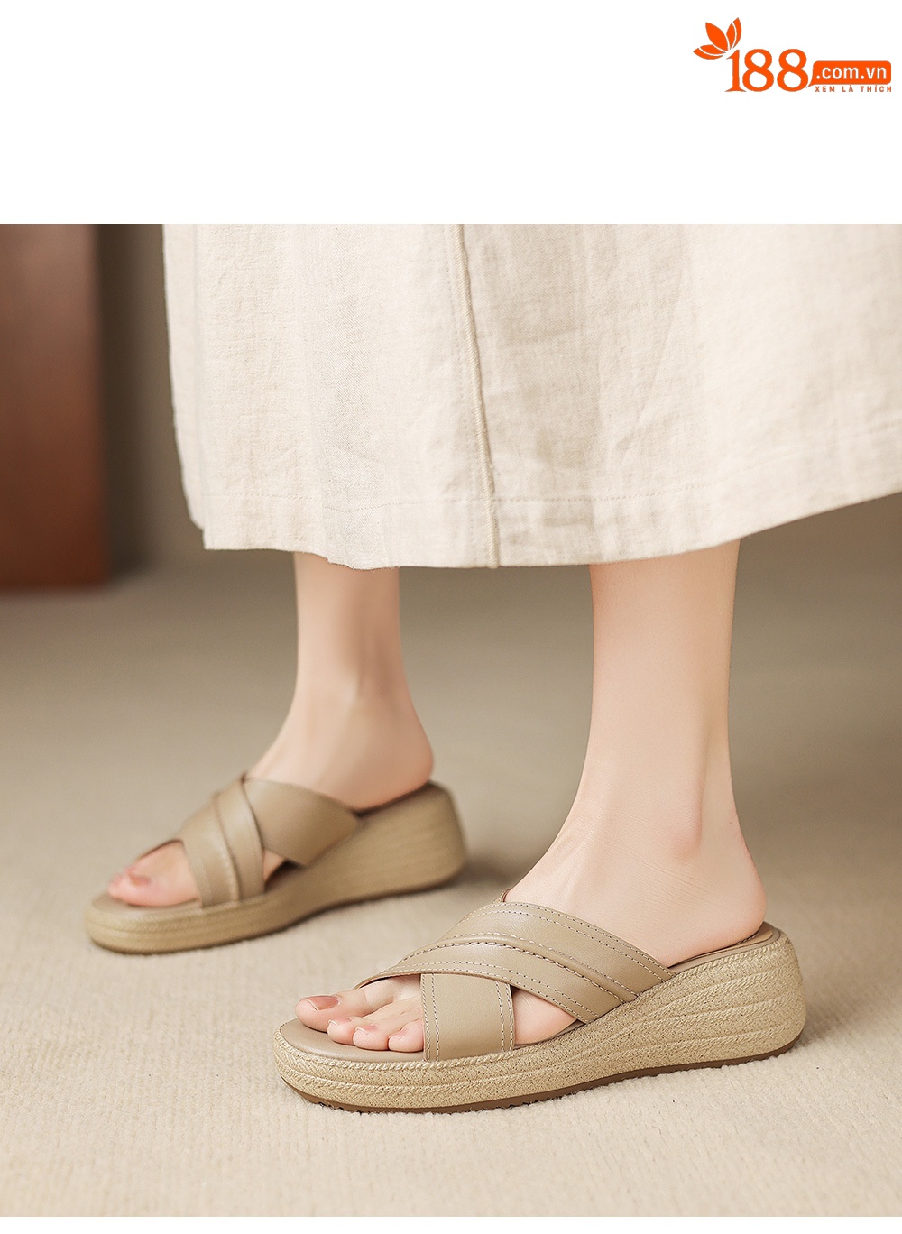 Dép sandal nữ quai chéo hở ngón đế dày da cừu — màu trắng ngà chi tiết 16