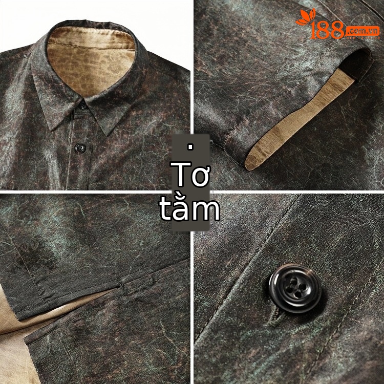 Áo sơ mi ngắn tay nam lụa Hương Vân Sa Mulberry cao cấp — quân đội nâu 8895 chi tiết 5