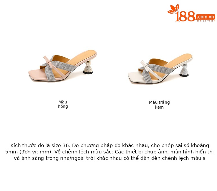 Sandal cao gót nữ hở mũi đính đá pha lê, quai ngang nơ bướm, gót 9 cm — màu hồng, màu trắng ngà chi tiết 4